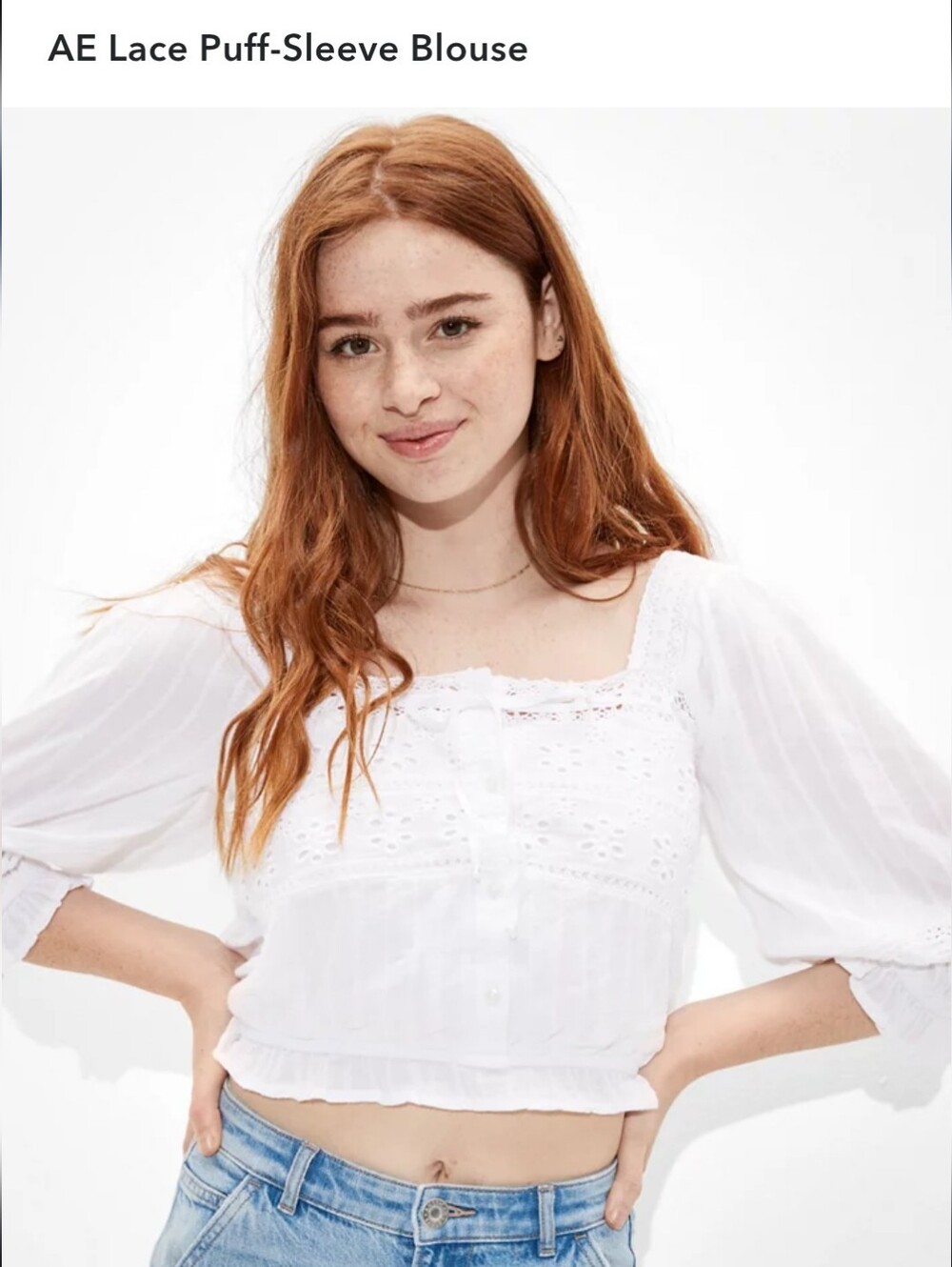 AE Lace Puff-Sleeve Blouse Small White